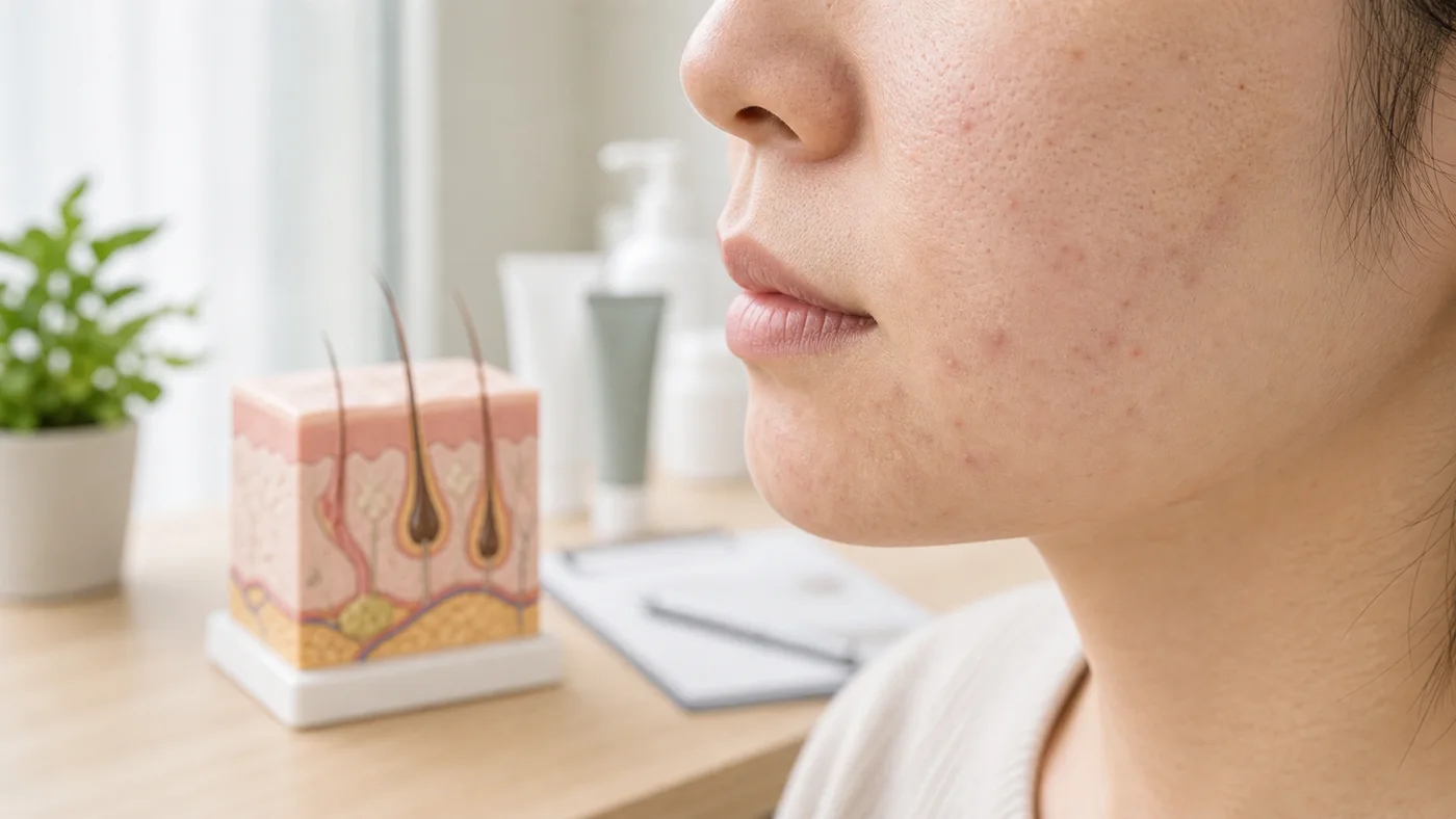 ニキビができやすい肌の毛穴や皮脂の状態を確認するイメージ