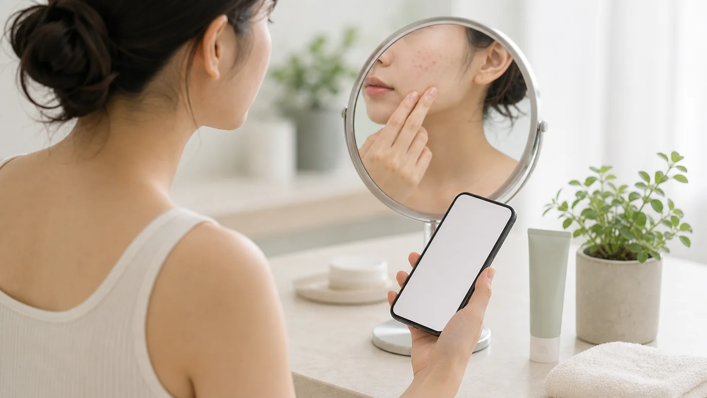 鏡を見ながらニキビの状態を受診前に確認するイメージ