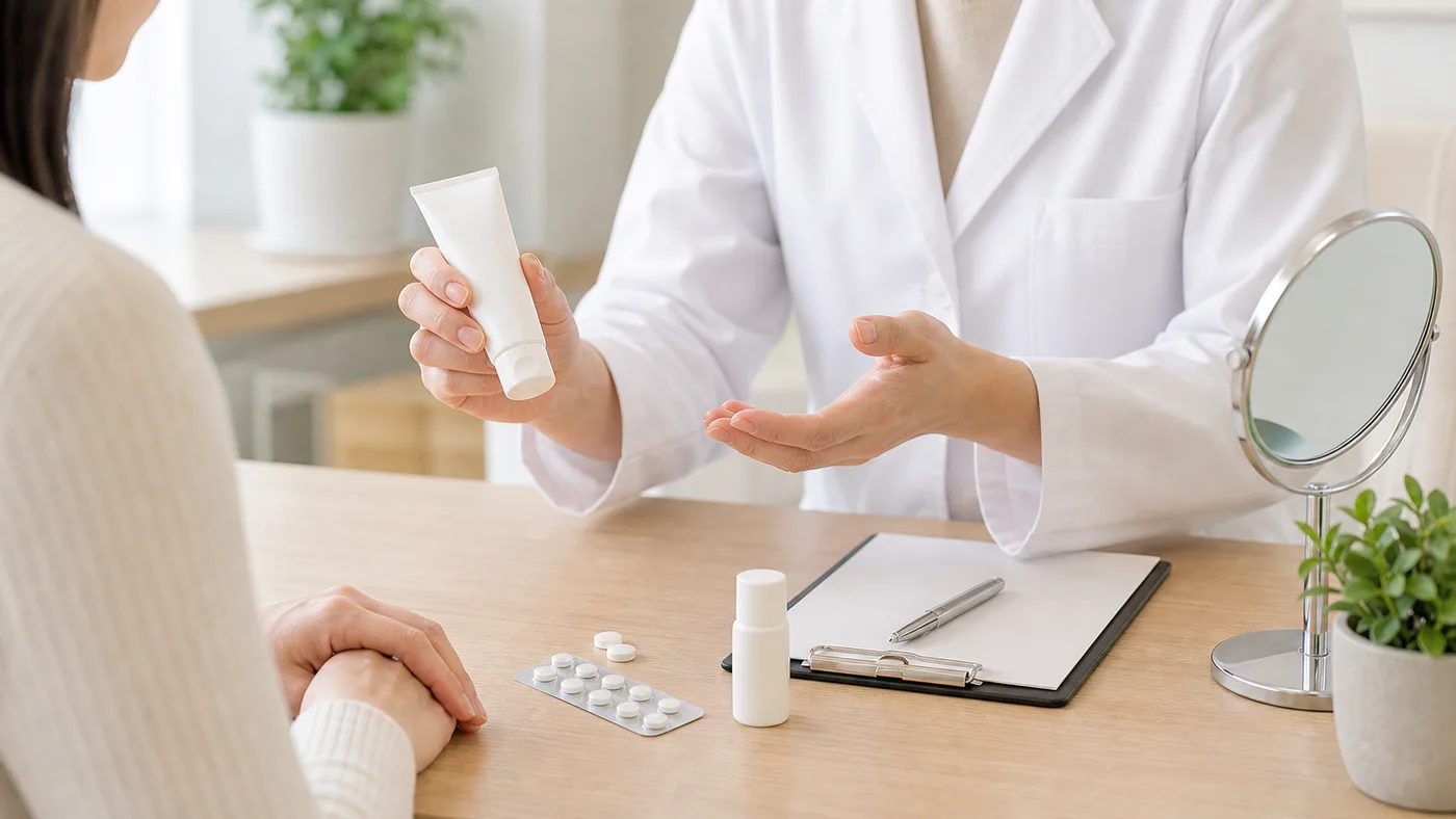 ニキビ治療の薬や治療方針を皮膚科で相談するイメージ