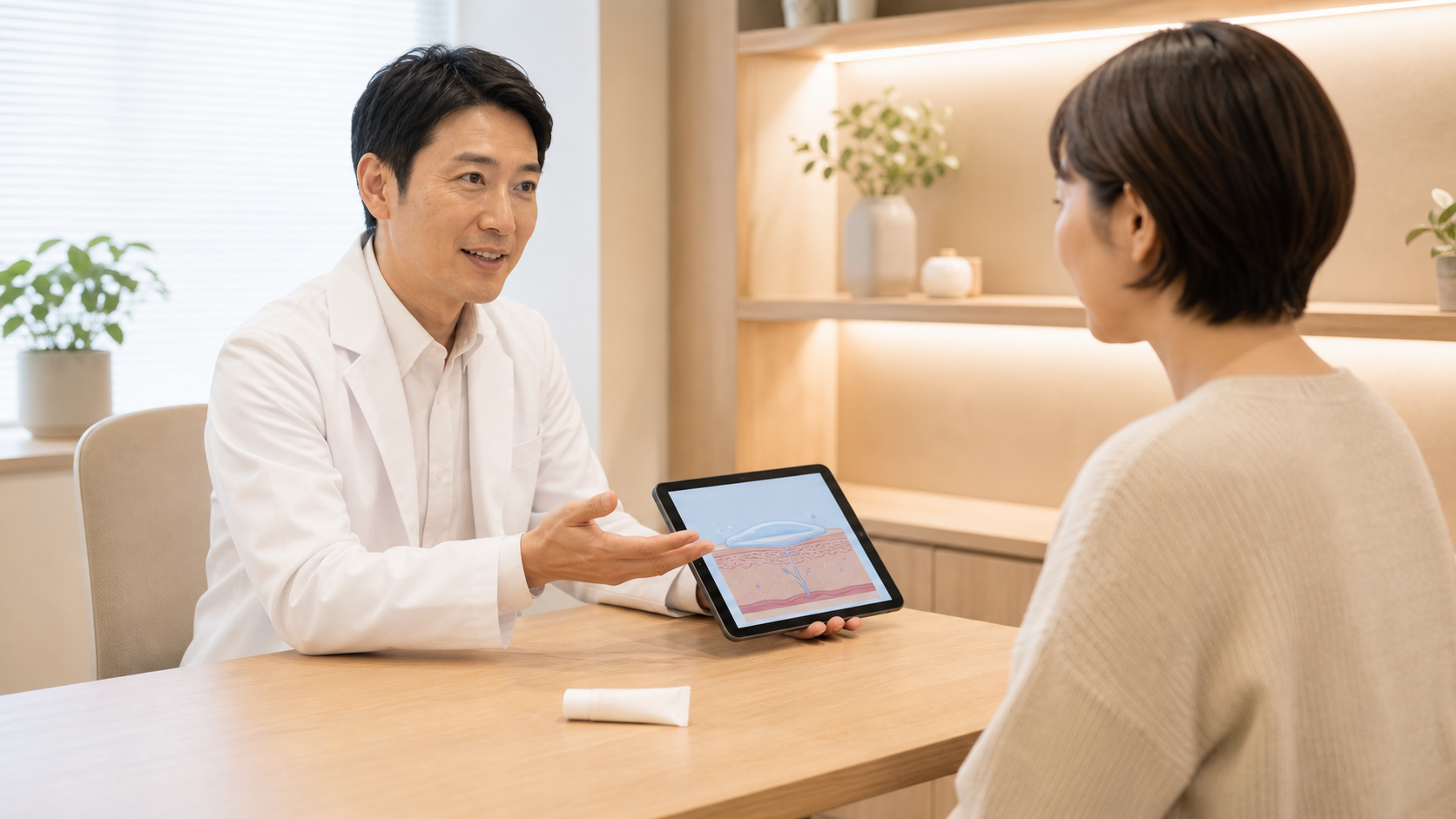 皮膚科医と保湿剤の使い方や症状の経過を相談するイメージ
