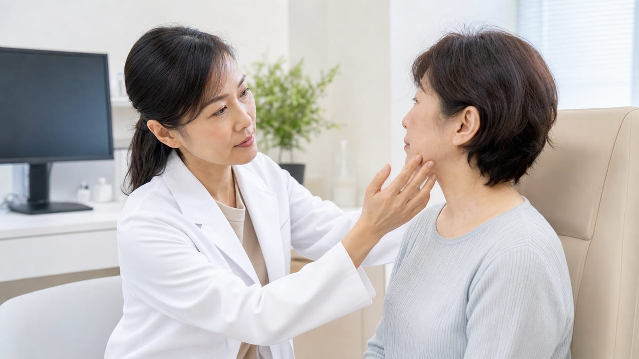 50代・60代のニキビ様症状を皮膚科医が診察する場面