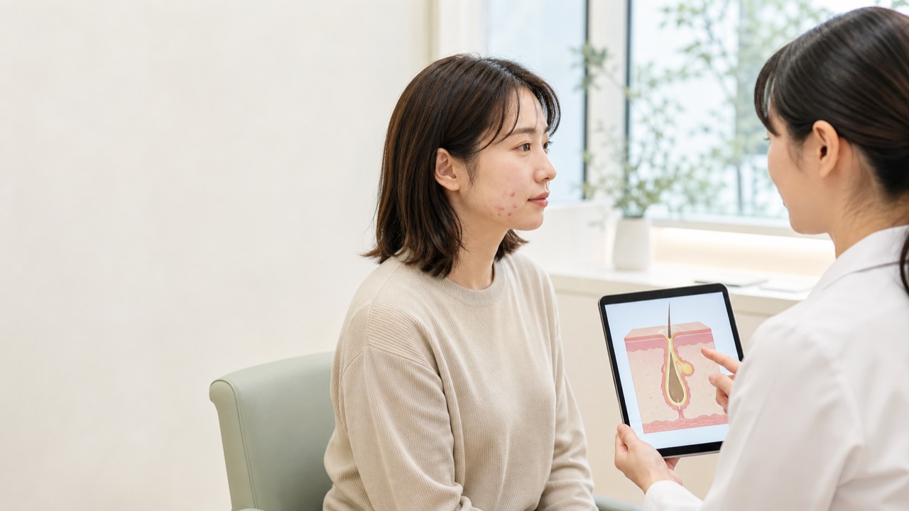 ニキビの原因と治療方針を皮膚科医へ相談する患者