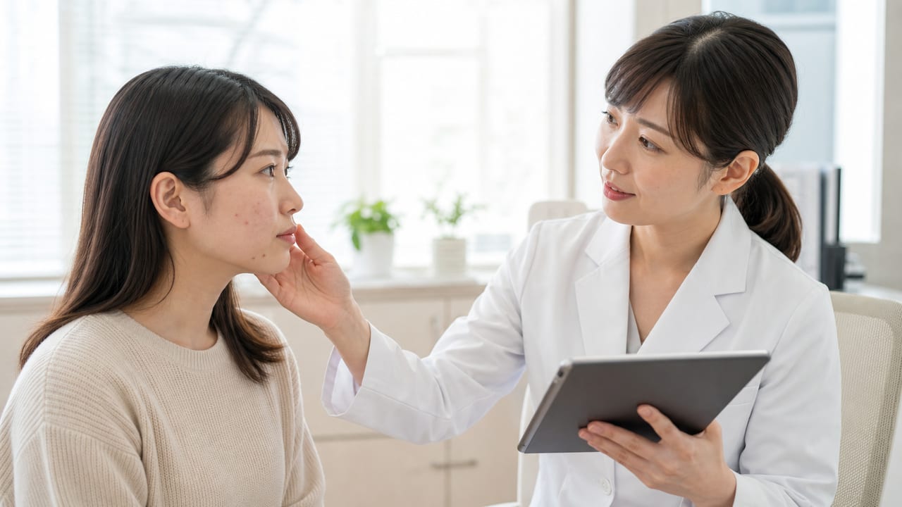 皮膚科医が患者の頬のニキビを診察して治療方針を説明する様子