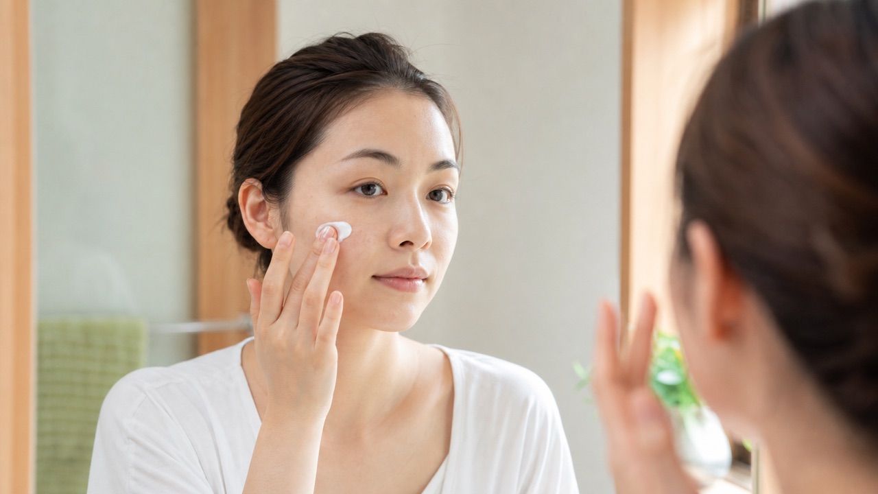 ニキビ肌へのやさしいスキンケア ニキビ肌をこすらずやさしくケアする女性