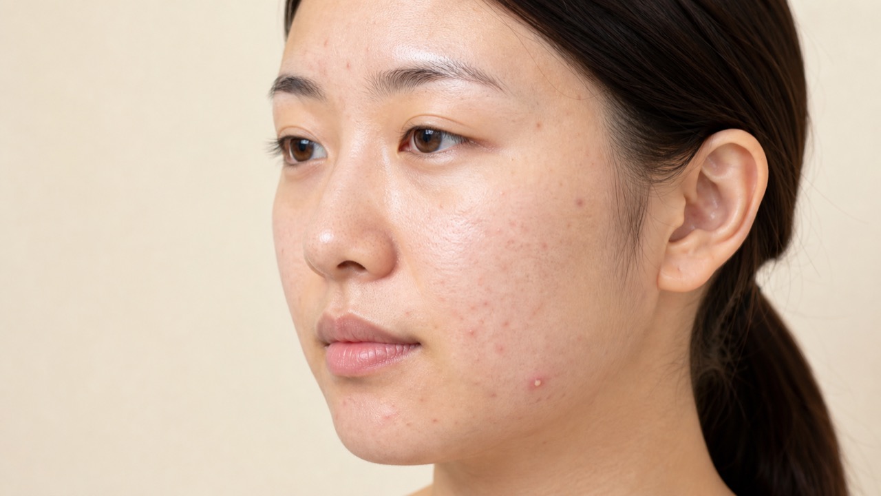 面皰や赤い丘疹など複数のニキビ症状がみられる顔のイメージ