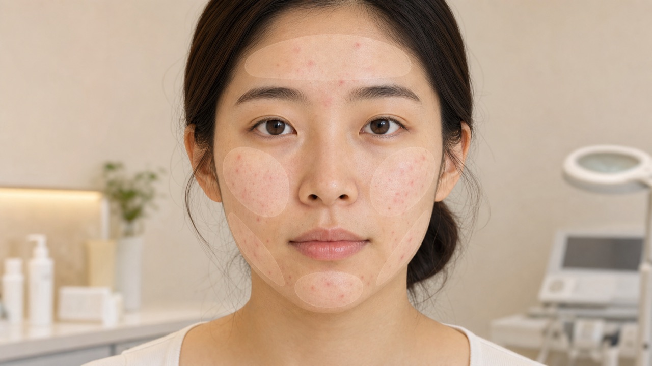 顔の部位ごとに炎症性ニキビの分布と重症度を示すイメージ