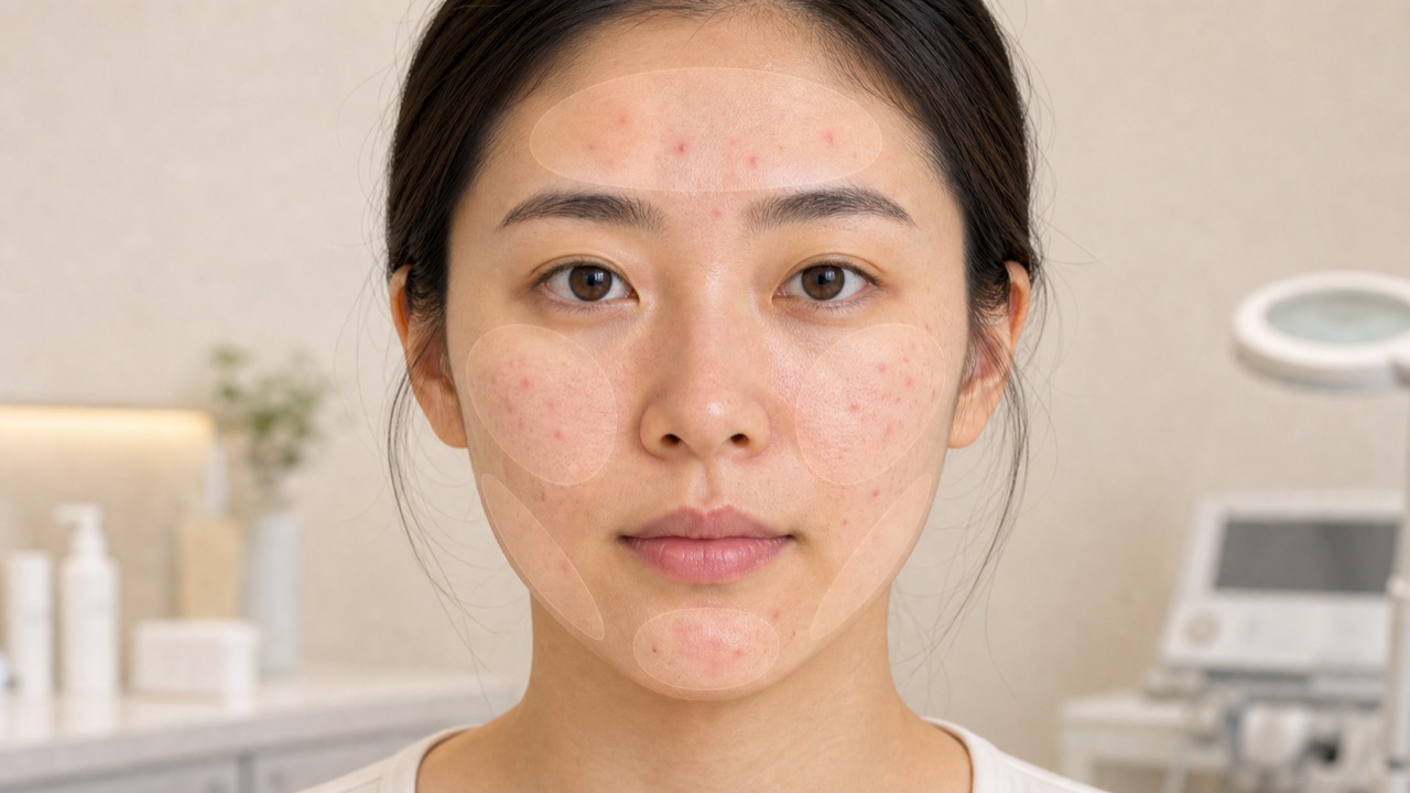 額、頬、あごなど顔の部位別にニキビの進行段階と重症度を確認する説明イメージ
