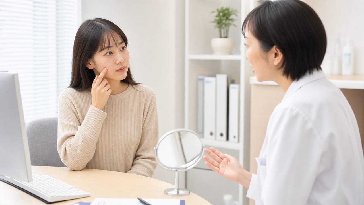 頬のニキビ症状を指しながら皮膚科医へ相談する成人女性
