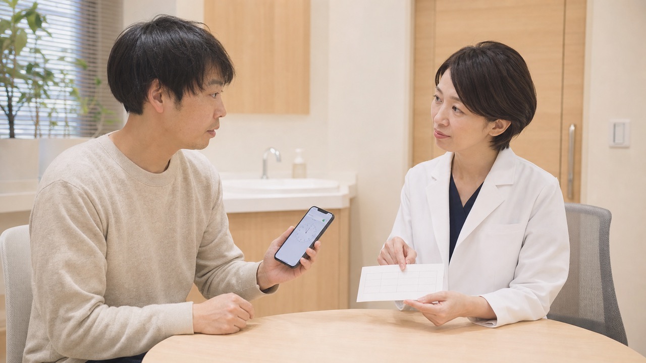 成人患者が皮膚科医とアレロックの服用時間や眠気について相談する場面