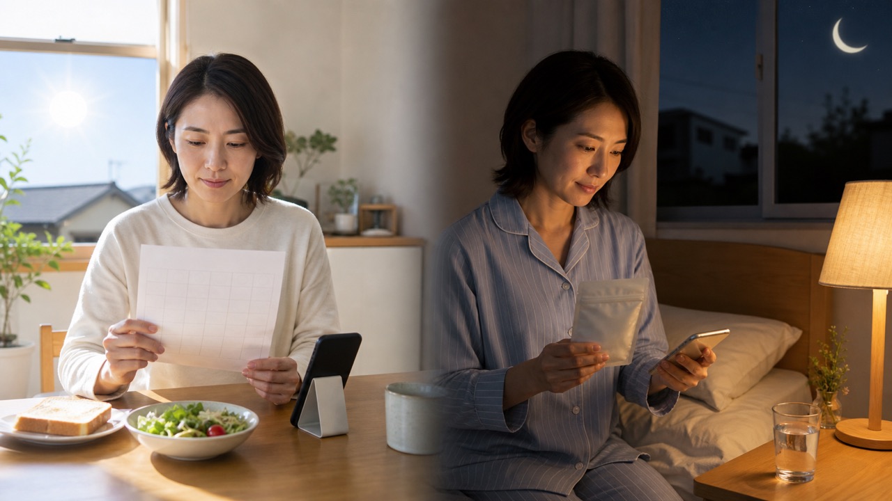 同じ成人が朝と就寝前に服薬記録とスマートフォンを確認する生活場面