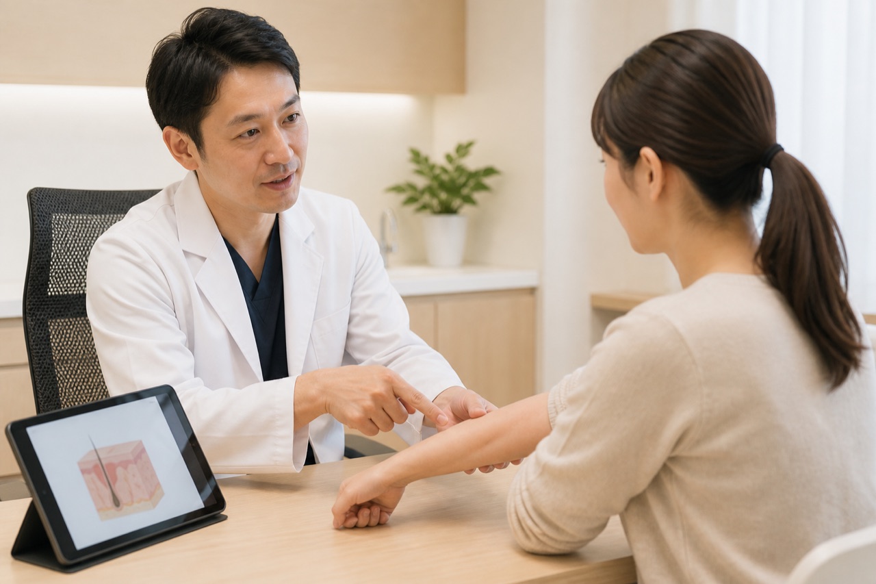 皮膚科医がかゆみ止め塗り薬の選び方を説明する診察イメージ