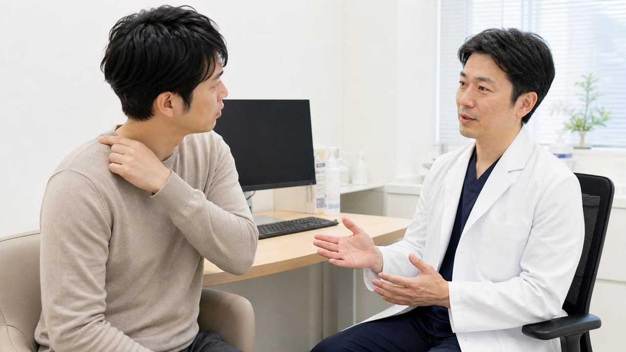 皮膚科でしこりを診察する医学教育用イメージ