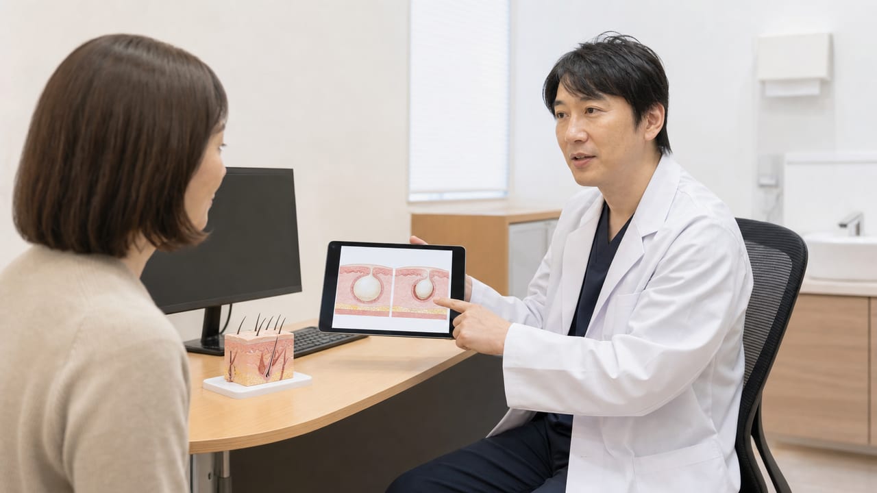 粉瘤の摘出手術を説明する医学教育用イメージ