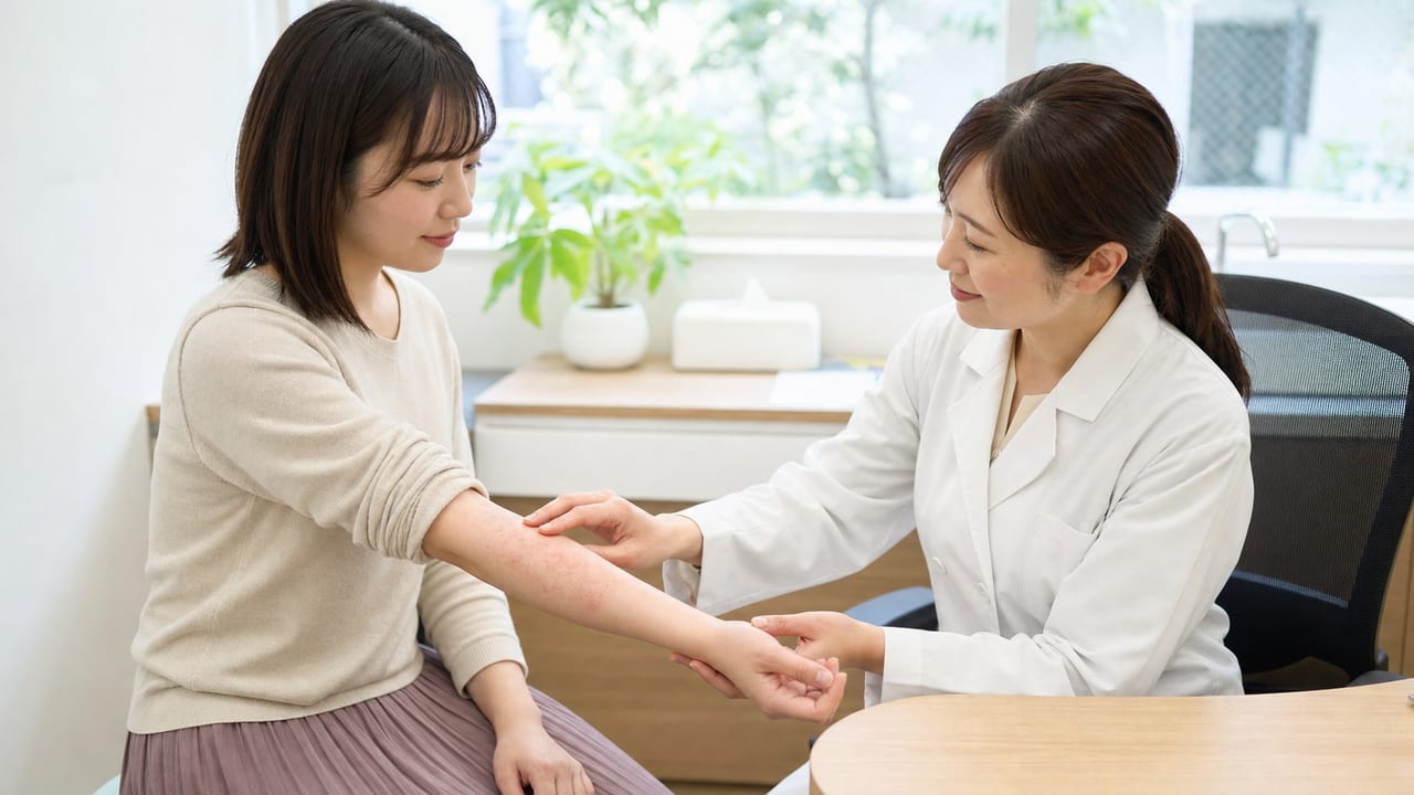 皮膚科医がアトピー性皮膚炎による腕の症状を診察する様子