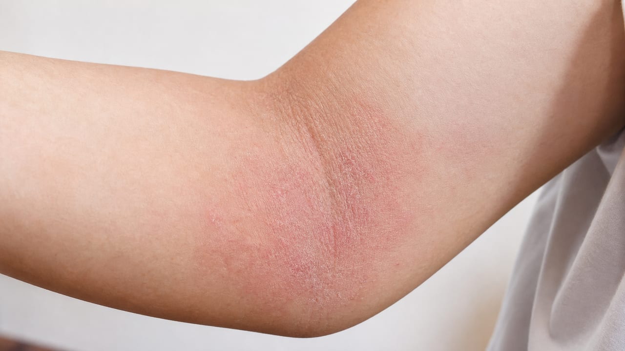 成人の肘内側にみられる乾燥と赤みを伴うアトピー性皮膚炎の症状