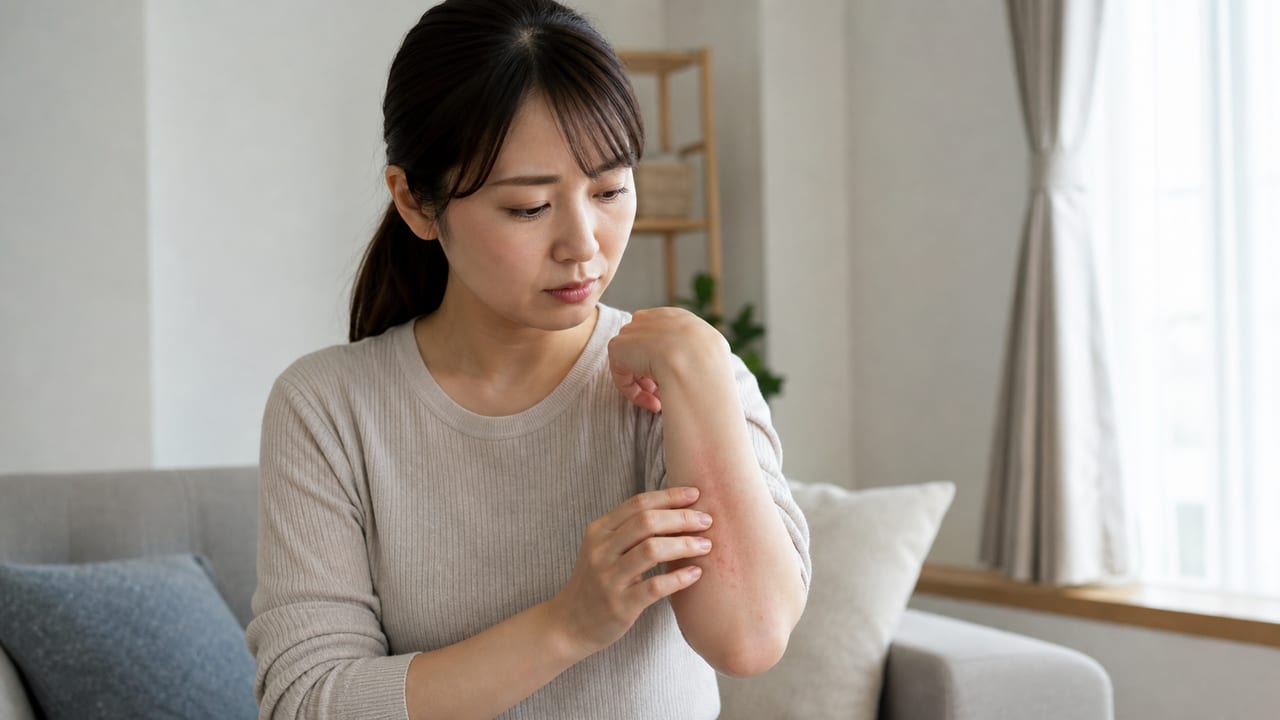 アトピー性皮膚炎のかゆみと赤みに悩み、腕の症状を確認する女性