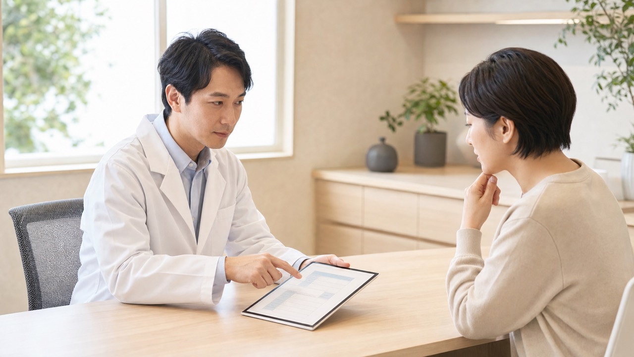 成人患者が皮膚科医とアトピーのかゆみや抗ヒスタミン薬について相談する場面