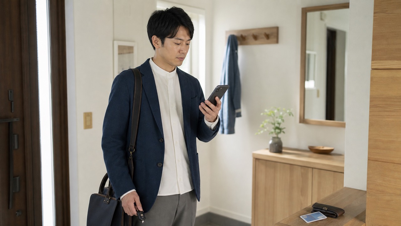 外出前にスマートフォンで服薬上の注意を確認し車の鍵を持つ成人男性