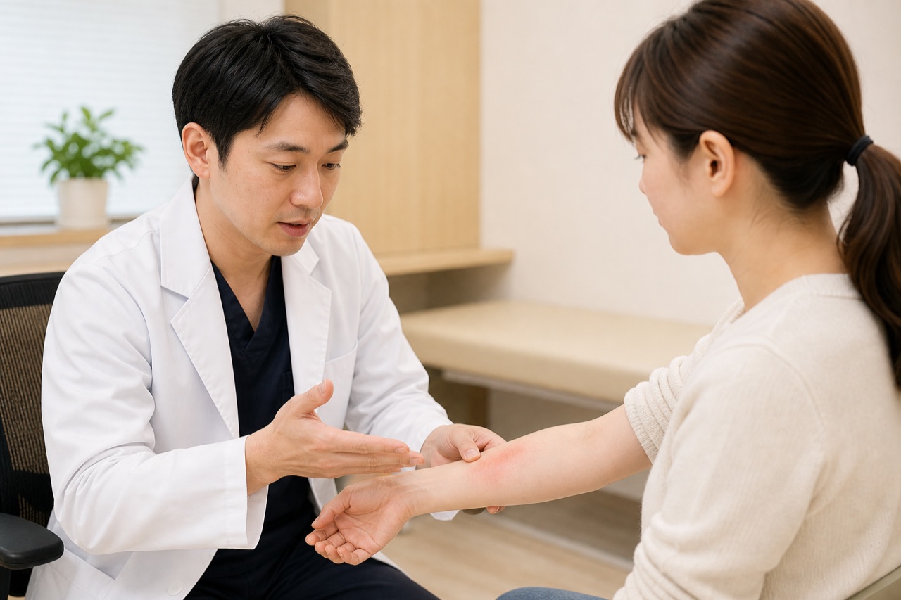皮膚科医に外用薬の使い方を相談する診察イメージ