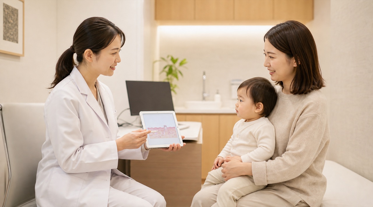 皮膚科医が保護者に赤ちゃんの肌トラブルのケアを説明する診察イメージ