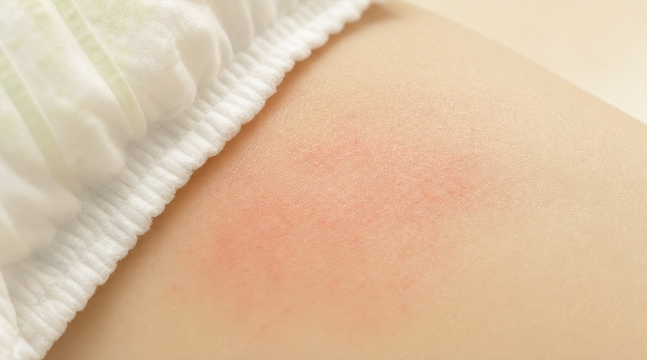 おむつまわりの摩擦で赤みが出る皮膚症状を示す説明イメージ