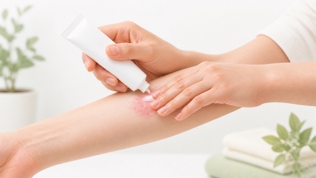 赤みのある湿疹部位へ外用薬を薄く塗るイメージ