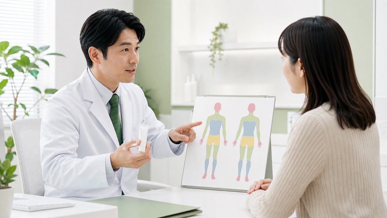 皮膚科医がステロイド外用薬の部位別注意を説明するイメージ