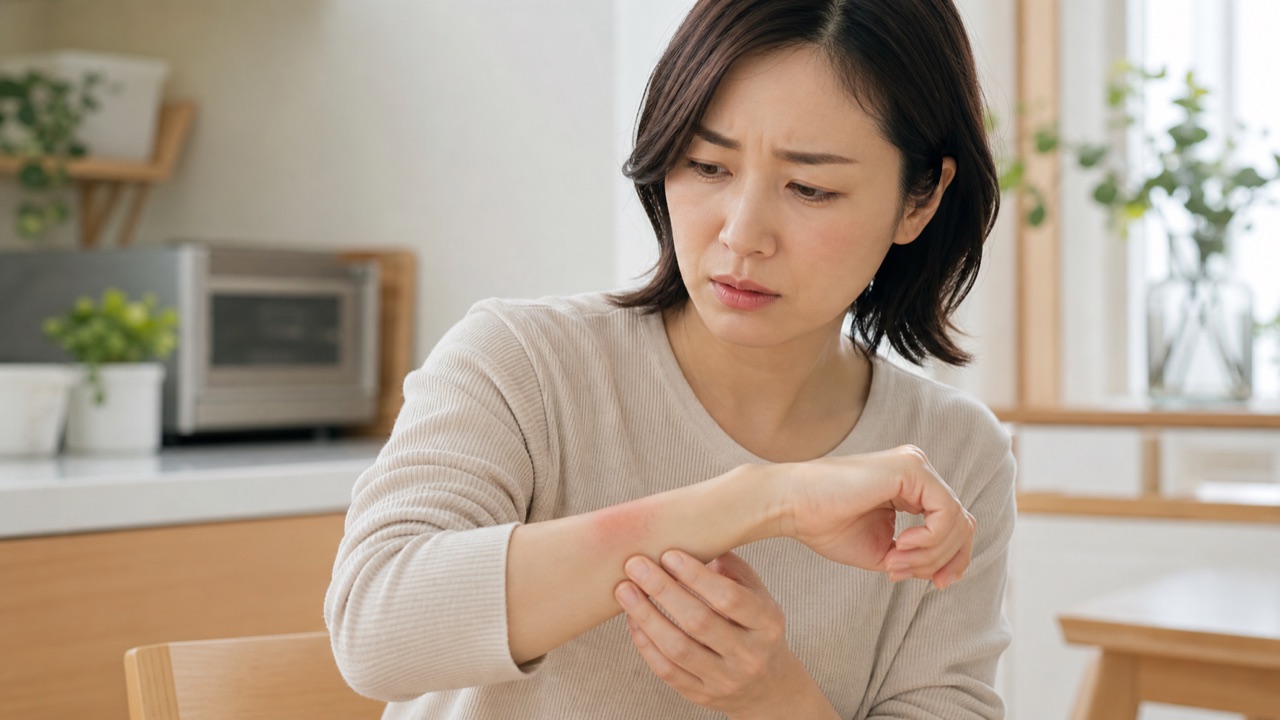 腕のやけどの赤みを心配して確認する患者のイメージ