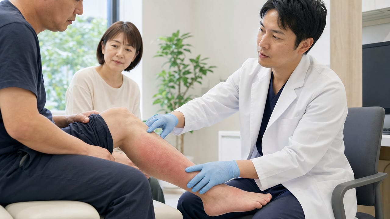 赤く腫れた下腿を皮膚科医が診察する様子