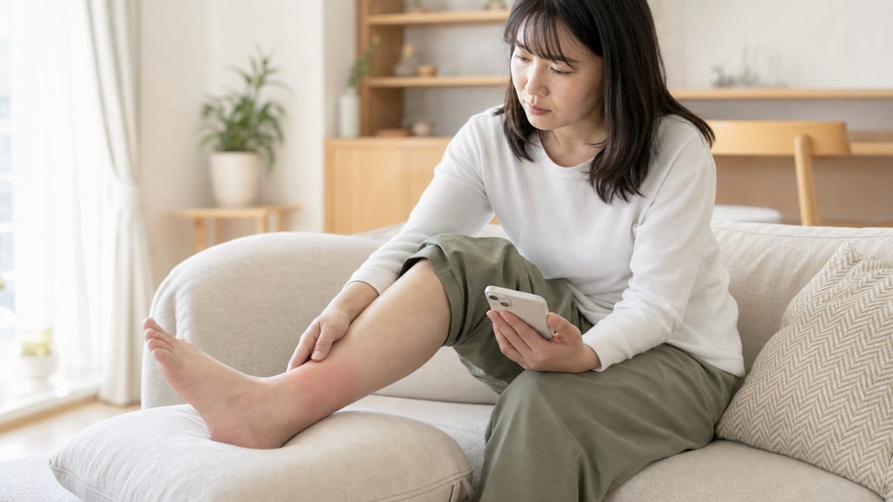 赤く腫れた下腿をクッションで挙上し医療機関へ相談する準備をする成人女性