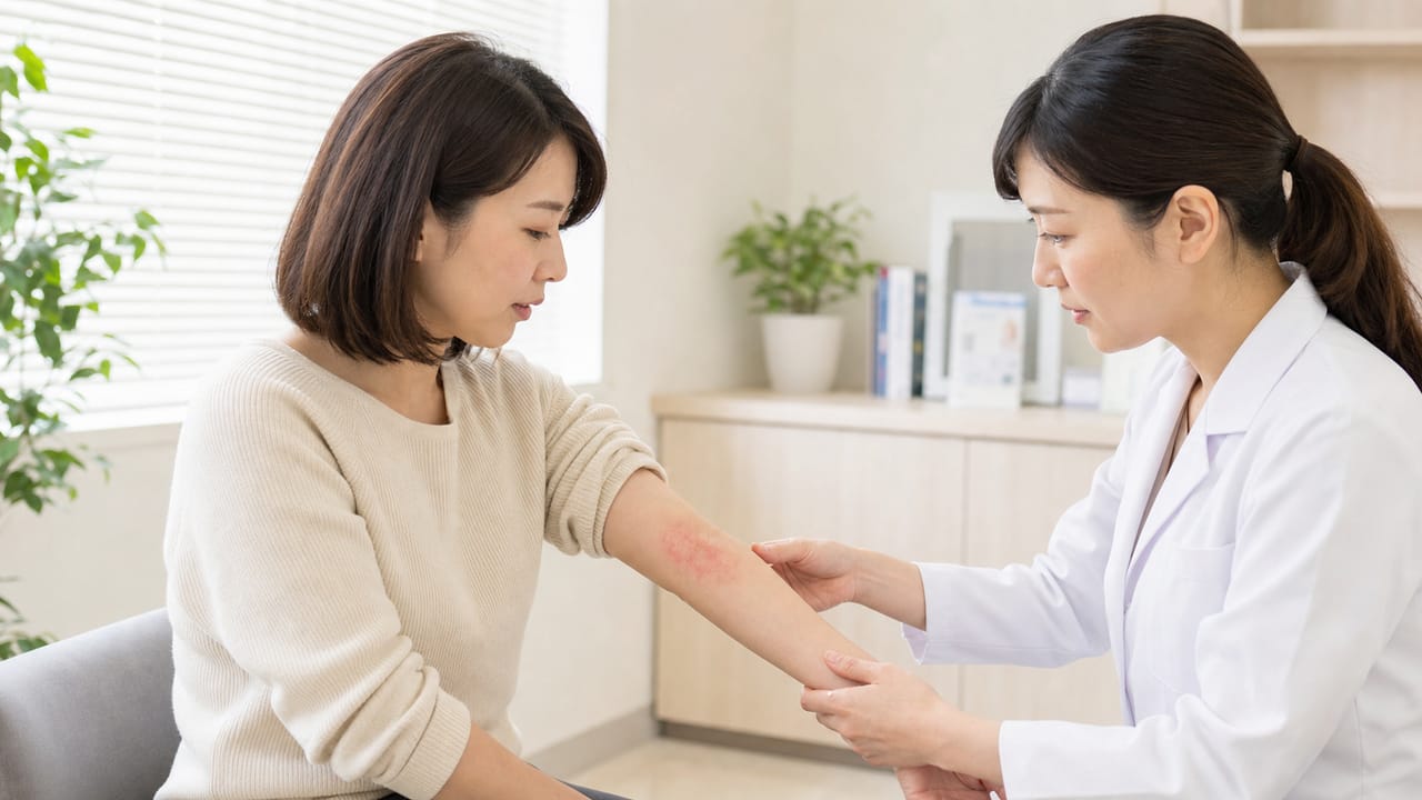 皮膚科医が成人女性の前腕にみられる接触皮膚炎の赤みを診察する様子