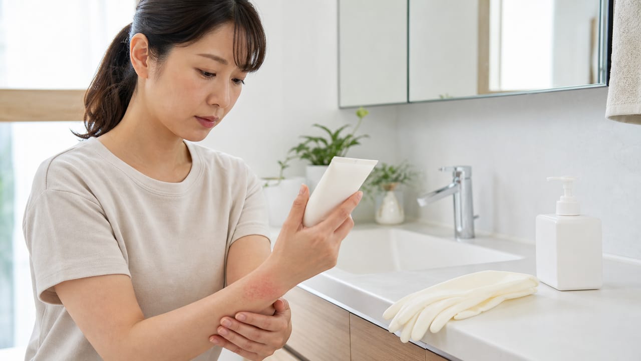 前腕の赤みを確認しながらスキンケア製品と保護手袋を見直す成人女性