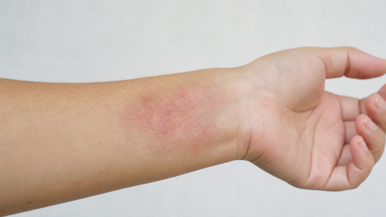 成人の手首にみられる局所的な赤みと乾燥を伴う接触皮膚炎の症状イメージ