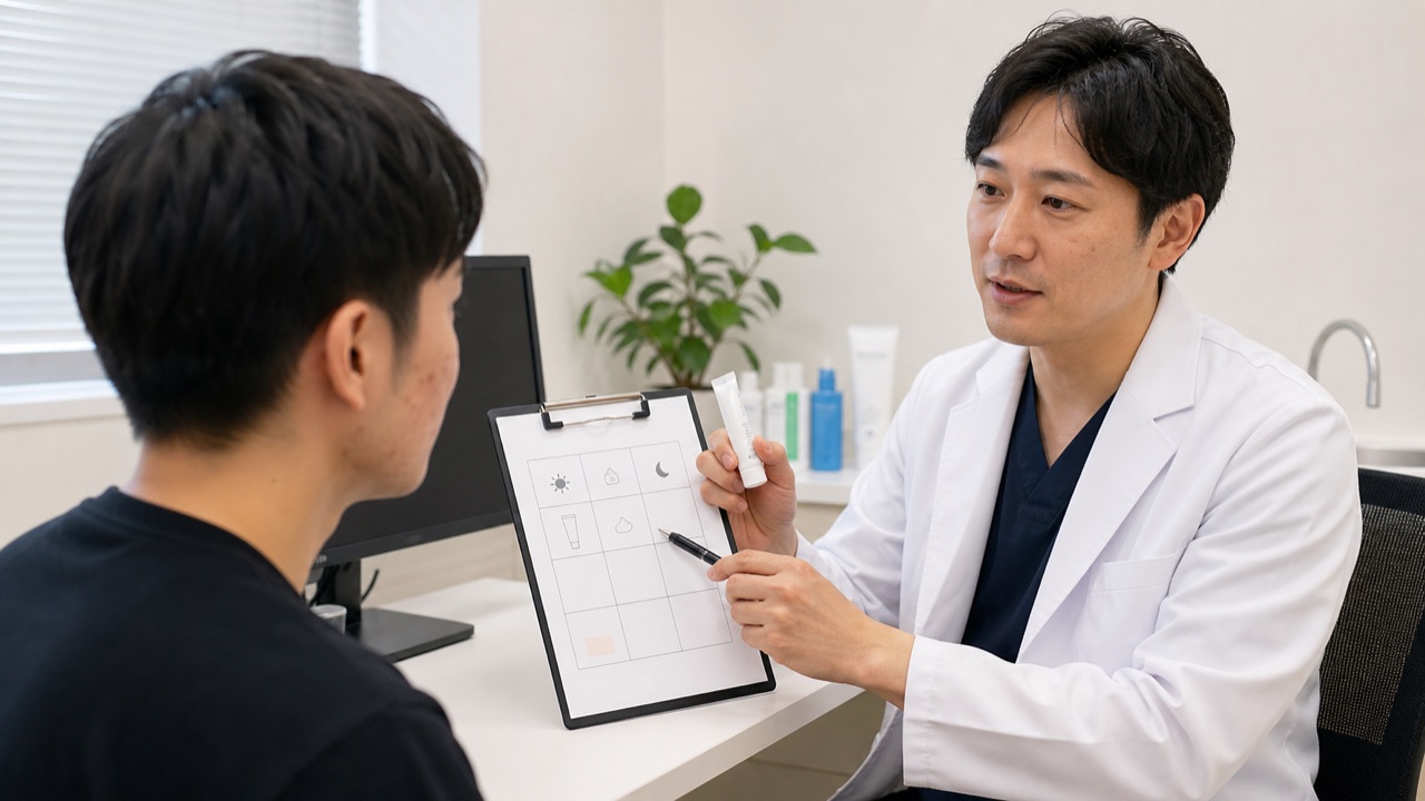 皮膚科医にニキビ外用薬の使い方を相談するイメージ