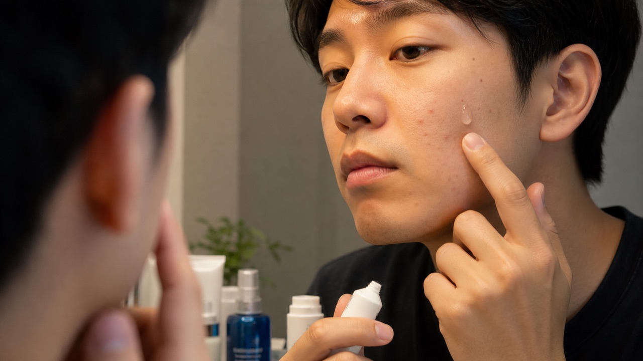 軽いニキビのある頬に外用薬を少量塗るイメージ
