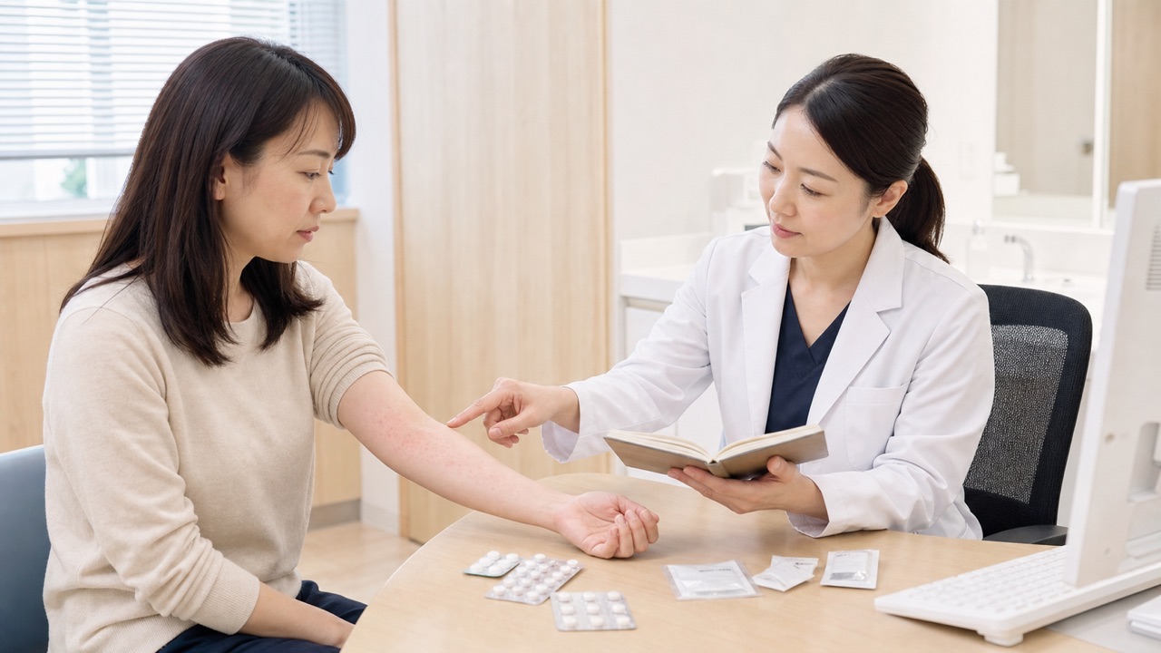 皮膚科医が患者のお薬手帳と腕の薬疹症状を確認する診察の様子