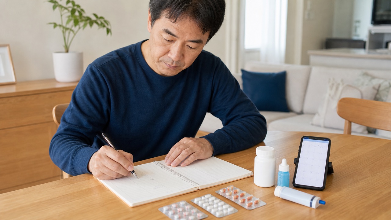 受診前にお薬手帳と最近使った薬の開始日を整理する成人男性