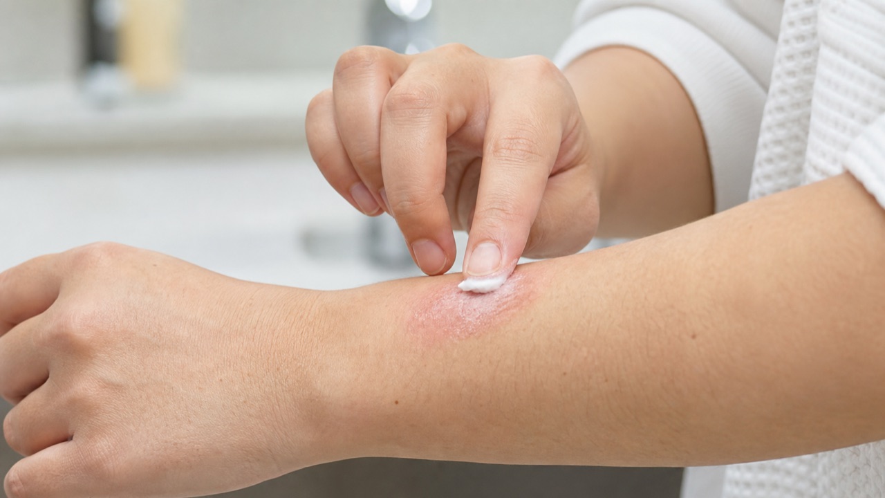 赤みのある湿疹部位へ外用薬を少量塗るイメージ