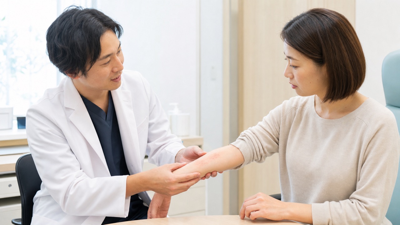 皮膚科医が患者の腕にみられる湿疹の赤みを診察する様子