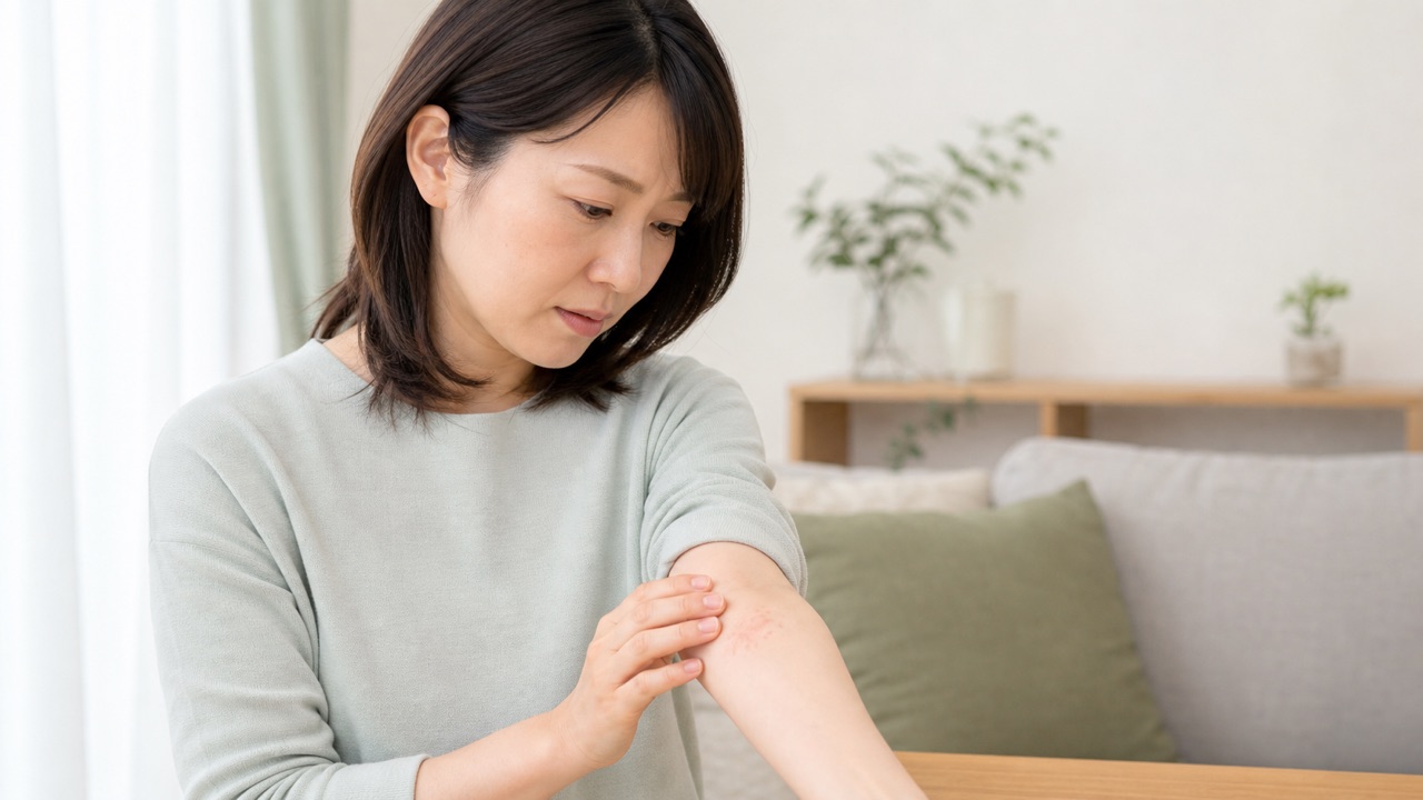 自宅で腕の赤みとかゆみを伴う湿疹を確認する成人女性