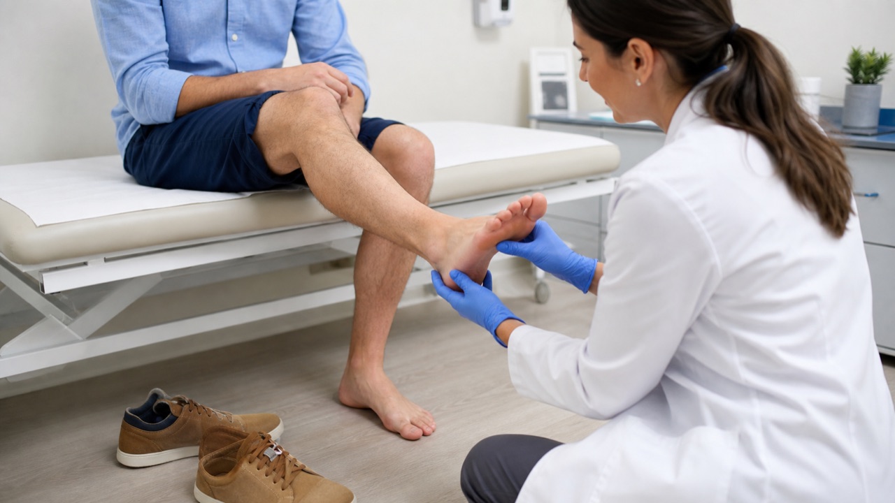 足の皮膚症状を皮膚科医が確認するイメージ