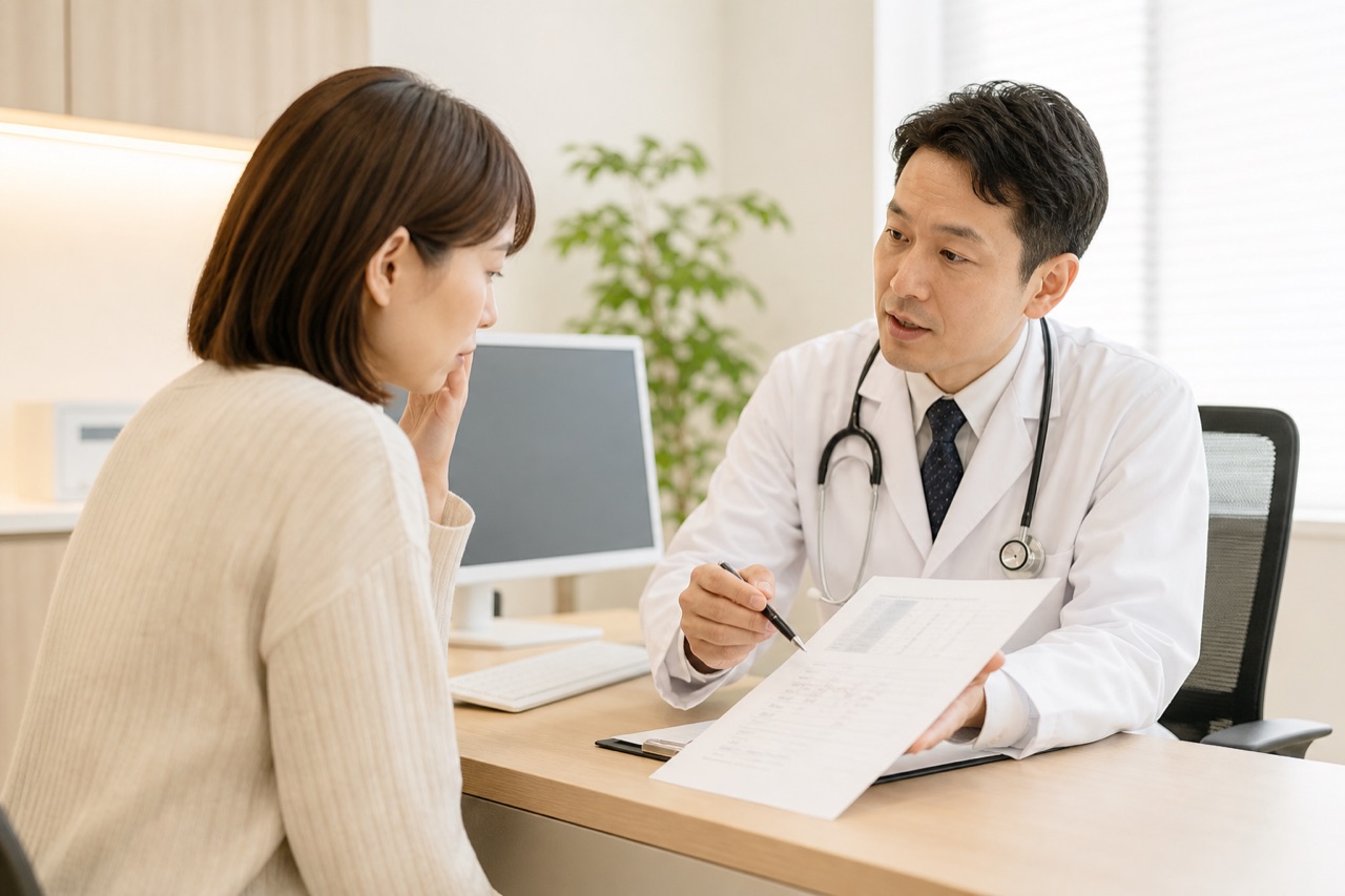医師が血液検査結果を見ながら鉄剤の飲み方を説明する診察イメージ