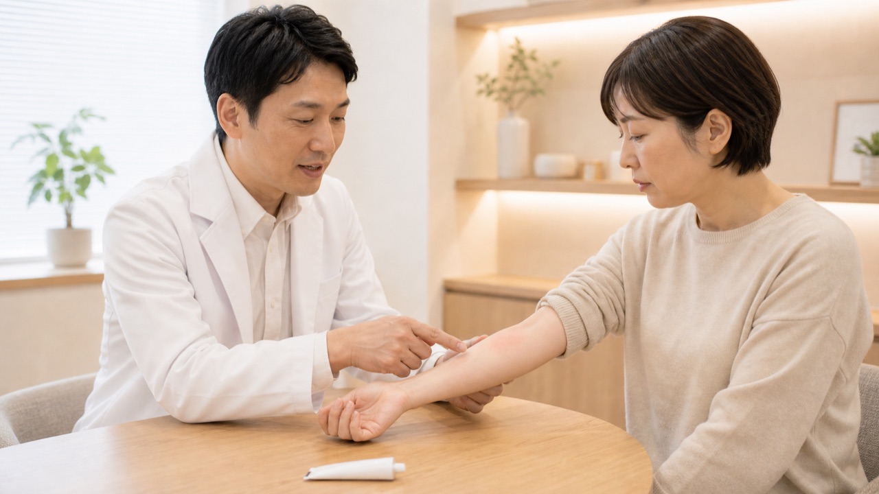 皮膚科医が腕の赤みを確認しながら外用薬の使い方を説明するイメージ
