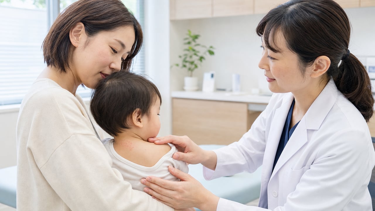 皮膚科医が母親に抱かれた幼児の首にみられる軽いあせもを診察する様子