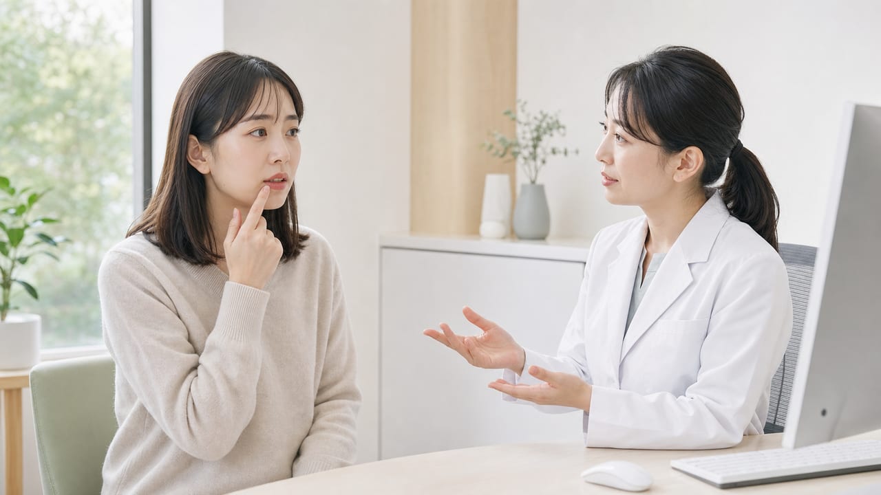 口唇周囲の違和感について成人女性が皮膚科医へ相談する様子