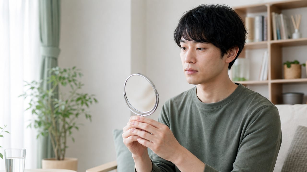 鏡で口唇周囲の違和感を確認して早期受診を考える成人男性