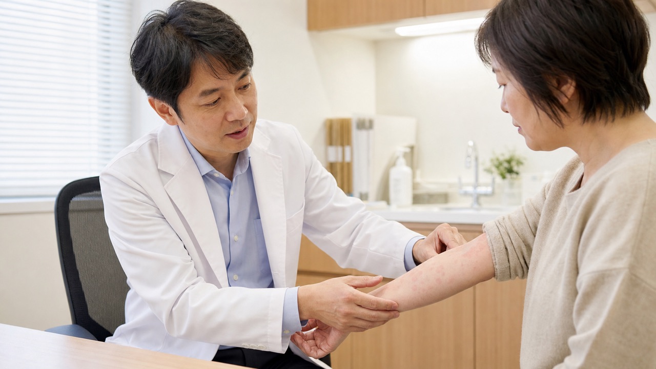 皮膚科医が患者の腕に現れたじんましんを診察する様子