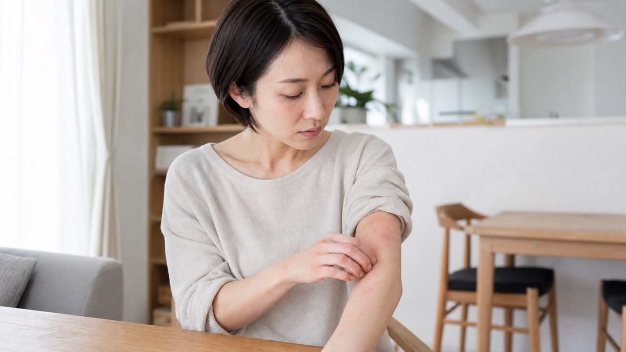 自宅で腕に現れたじんましんの膨疹を確認する成人女性