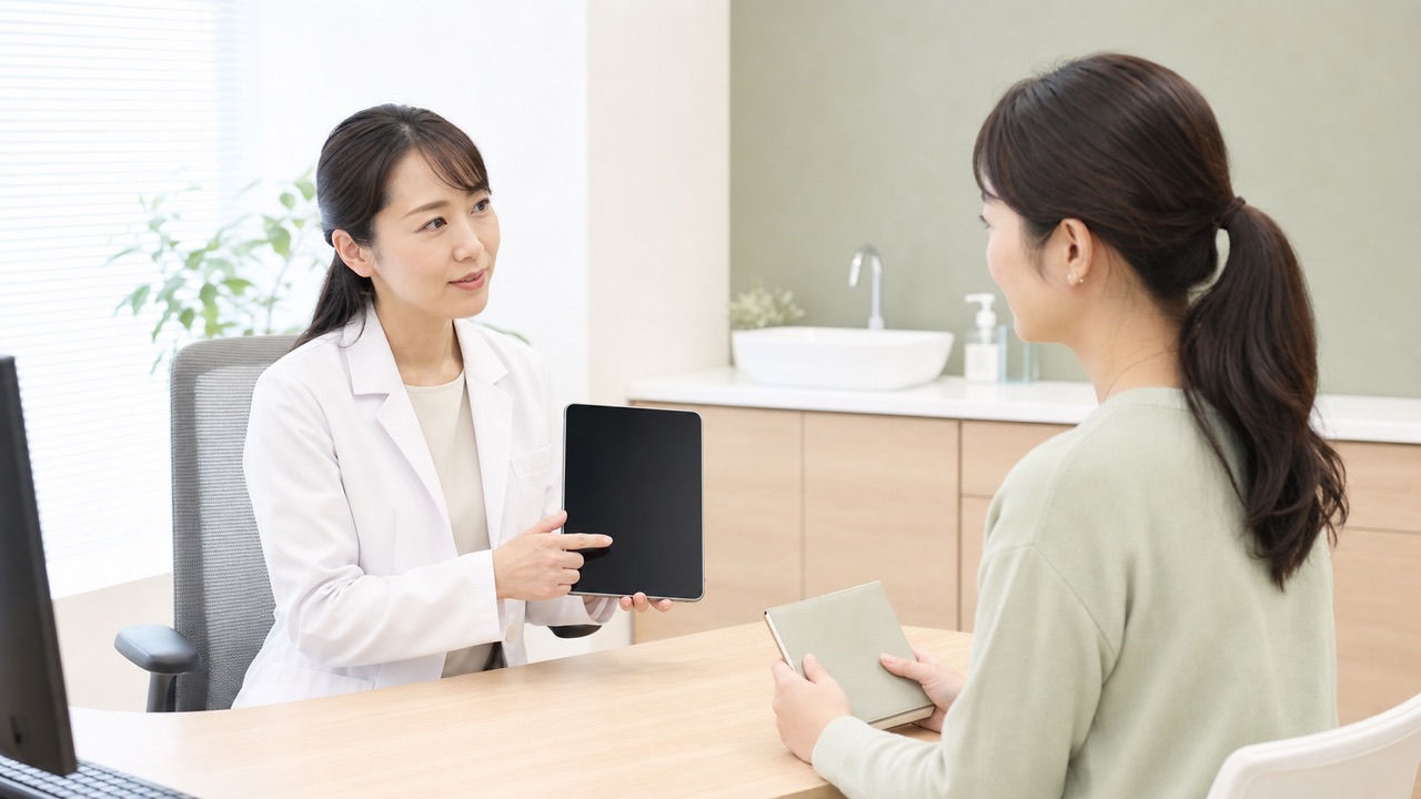 繰り返す顎ニキビと治療選択について皮膚科医へ相談する女性