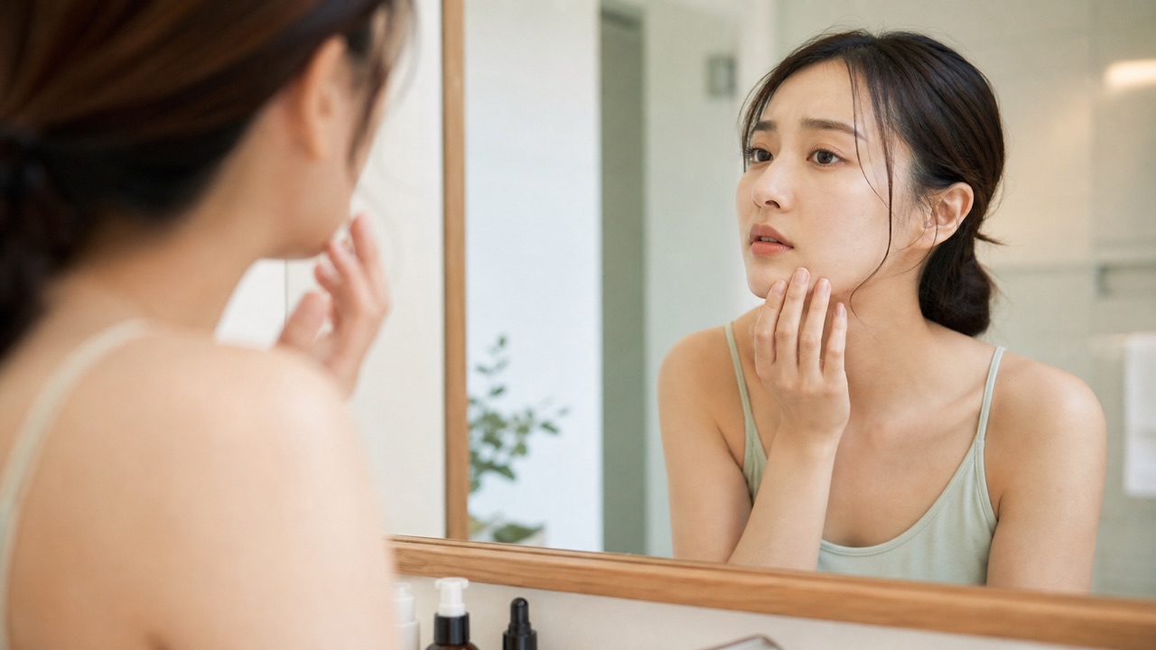 生理周期に伴う顎周りのニキビを鏡で確認する女性
